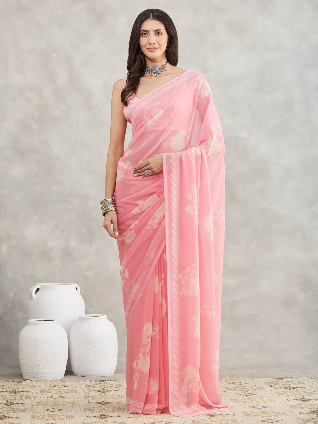 Janasya Light Pink Georgette Floral Printed Saree | Swadesiicart