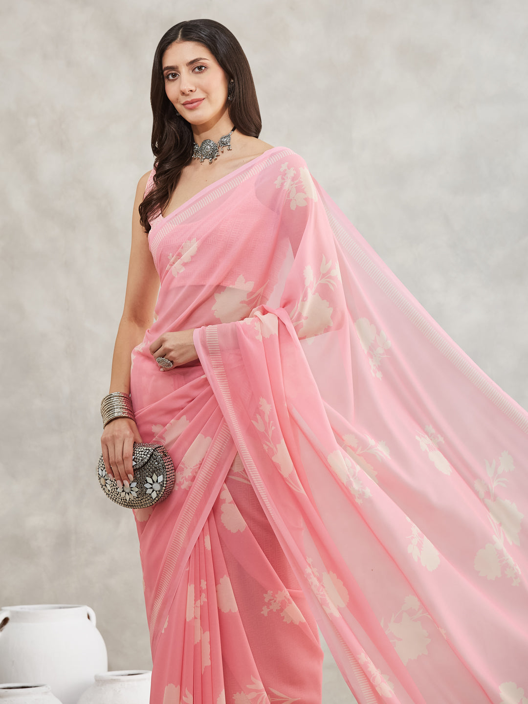Janasya Light Pink Georgette Floral Printed Saree | Swadesiicart
