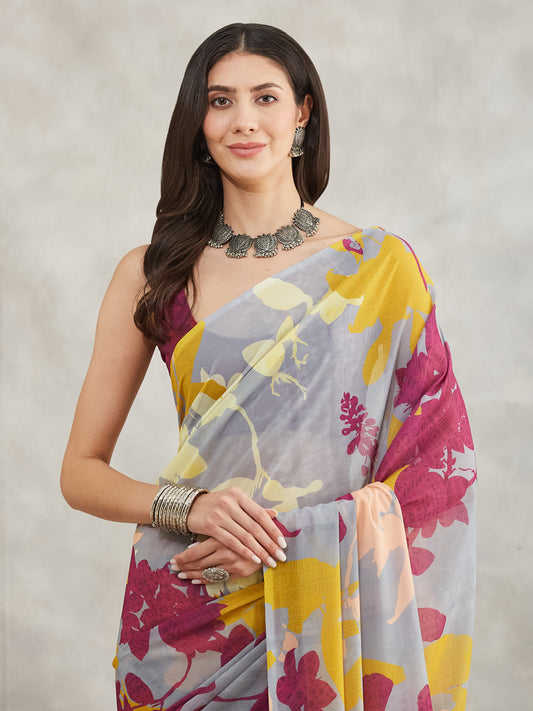 Janasya Grey Georgette Abstract Printed Saree | Swadesiicart
