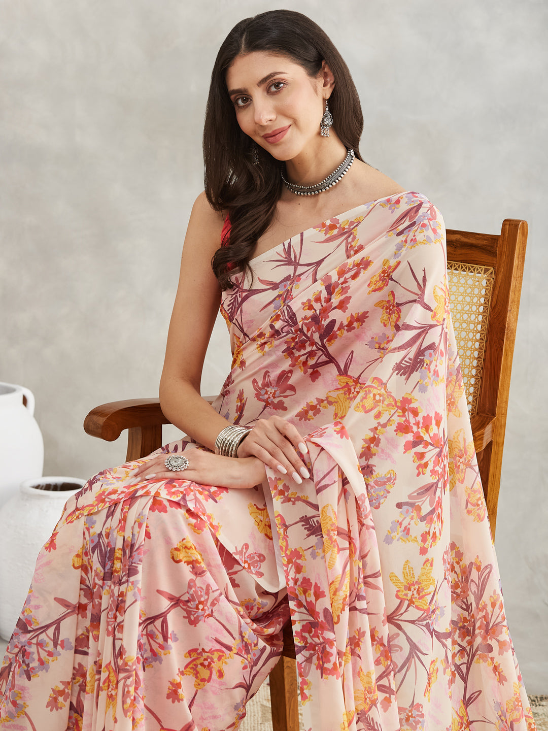Janasya Cream Georgette Floral Printed Saree | Swadesiicart