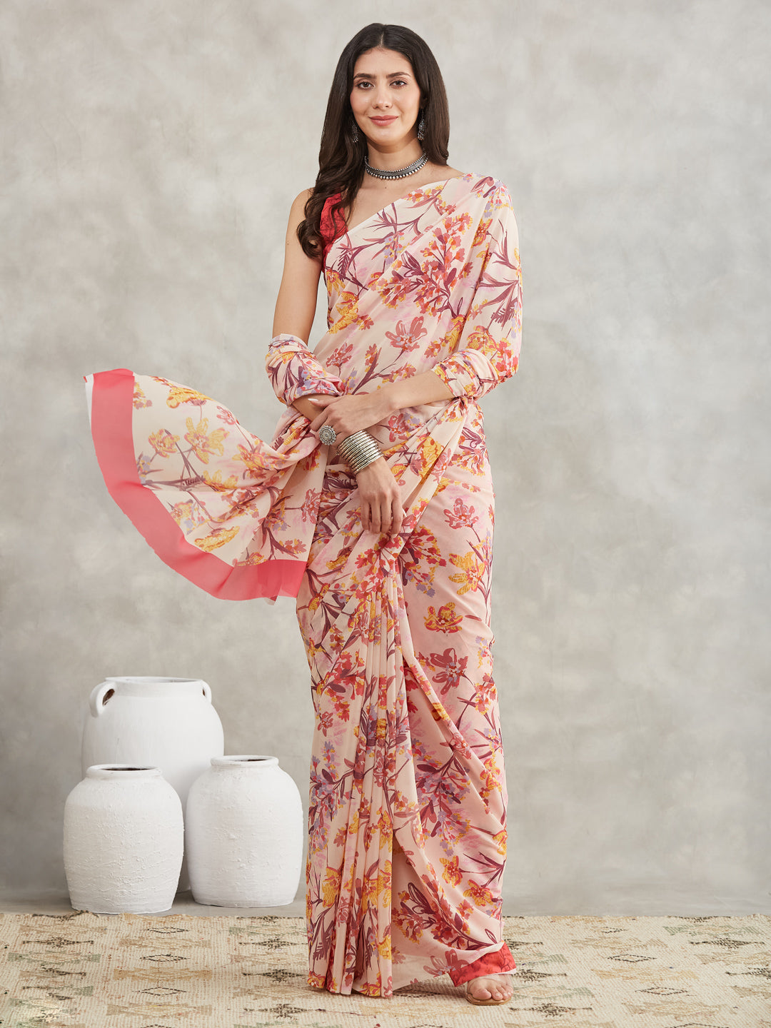 Janasya Cream Georgette Floral Printed Saree | Swadesiicart