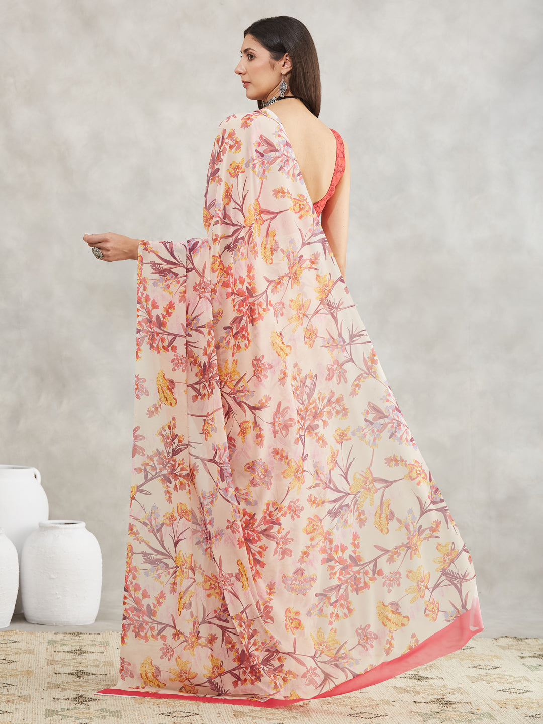 Janasya Cream Georgette Floral Printed Saree | Swadesiicart