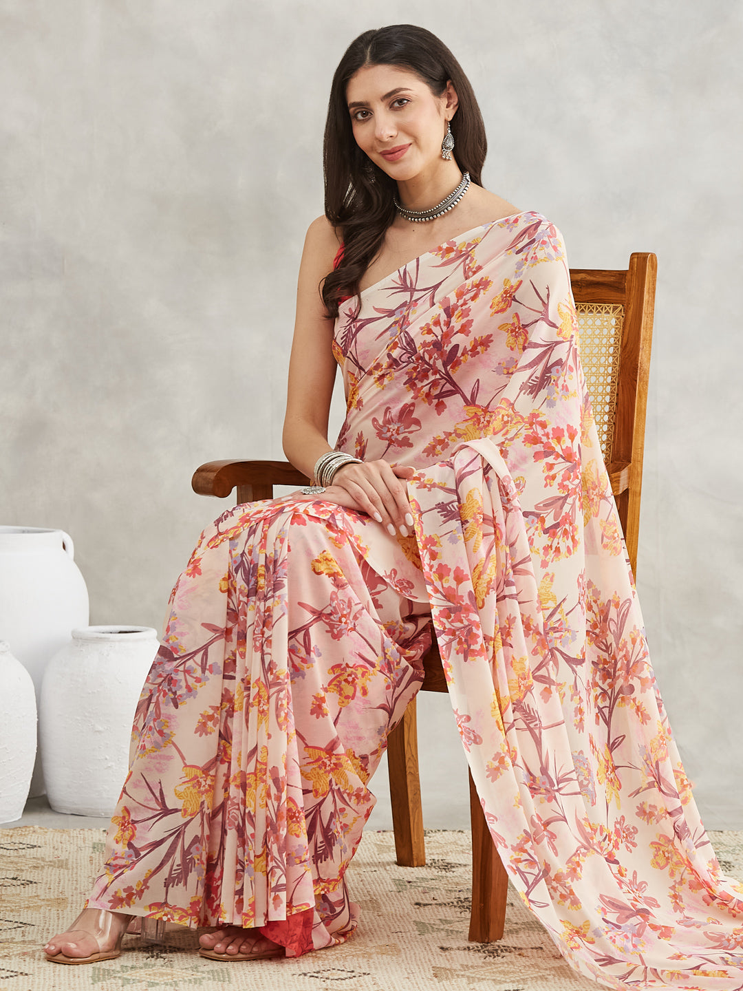 Janasya Cream Georgette Floral Printed Saree | Swadesiicart