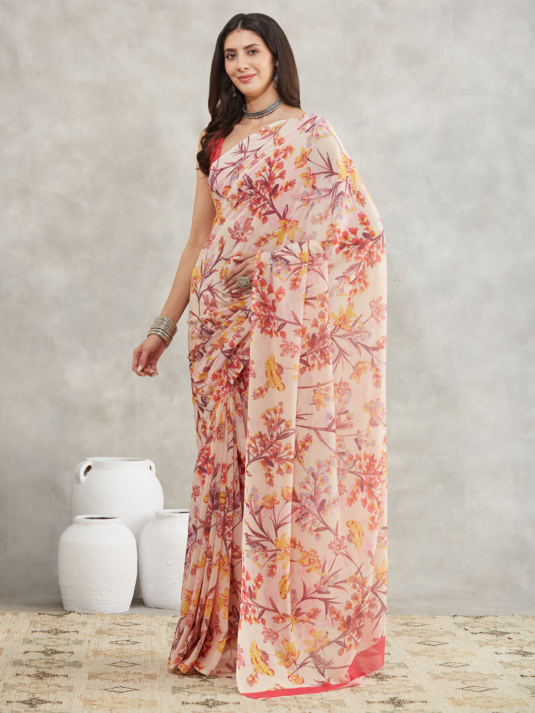Janasya Cream Georgette Floral Printed Saree | Swadesiicart