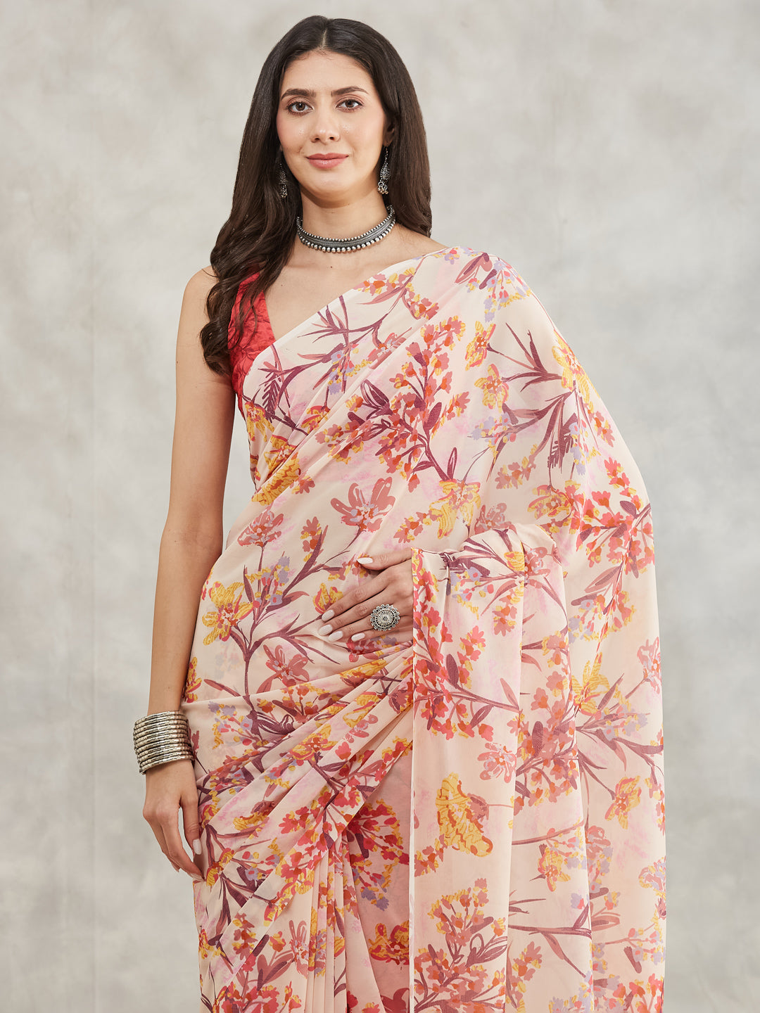 Janasya Cream Georgette Floral Printed Saree | Swadesiicart