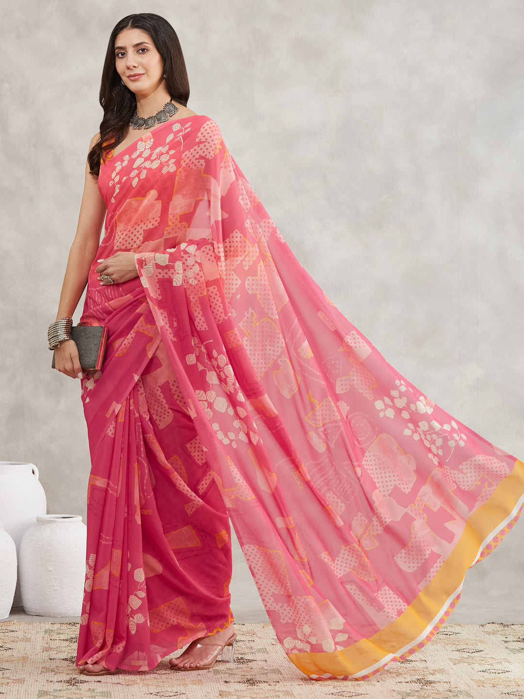 Janasya Pink Georgette Geometric Printed Saree | Swadesiicart