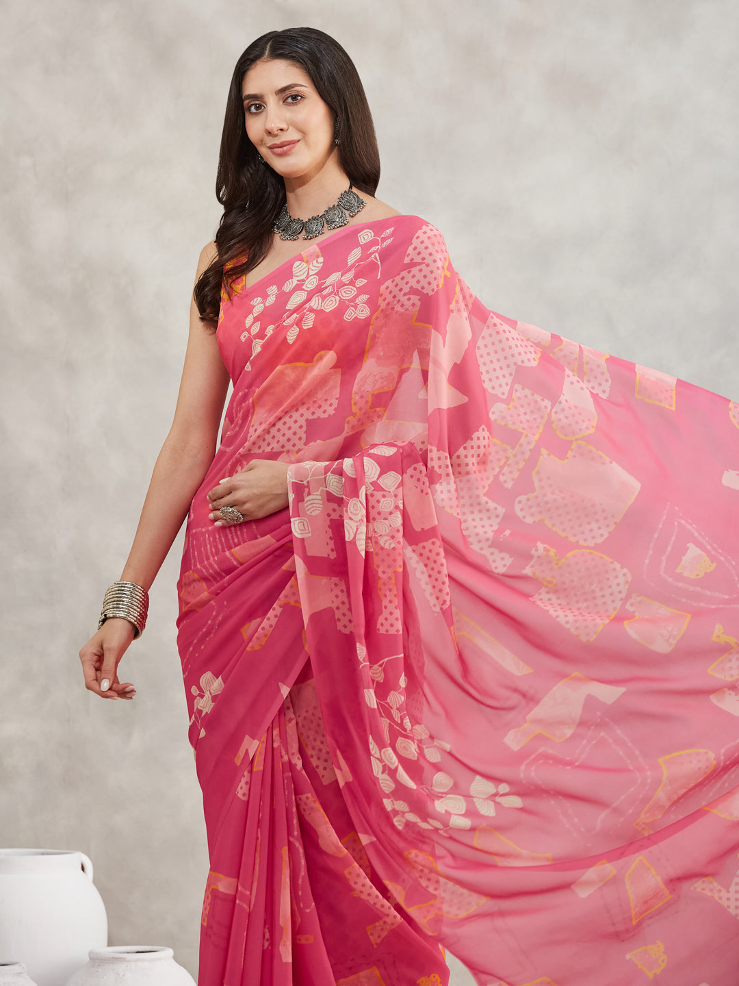 Janasya Pink Georgette Geometric Printed Saree | Swadesiicart