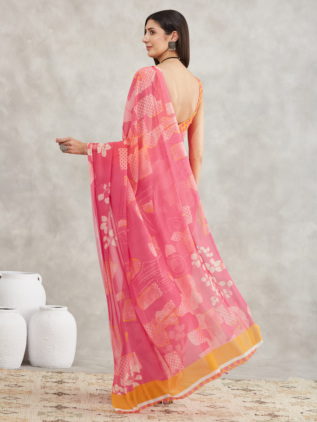 Janasya Pink Georgette Geometric Printed Saree | Swadesiicart
