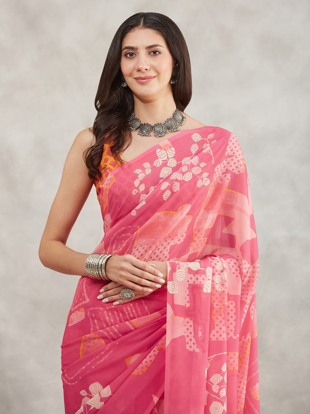 Janasya Pink Georgette Geometric Printed Saree | Swadesiicart