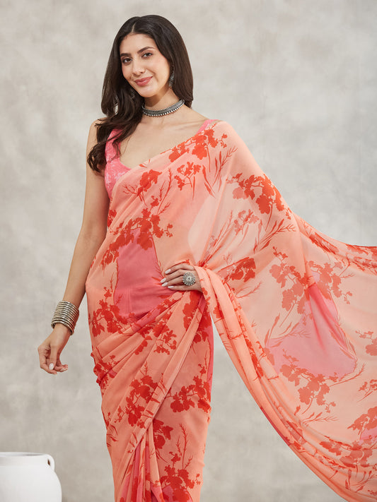Janasya Peach Georgette Floral Printed Saree | Swadesiicart
