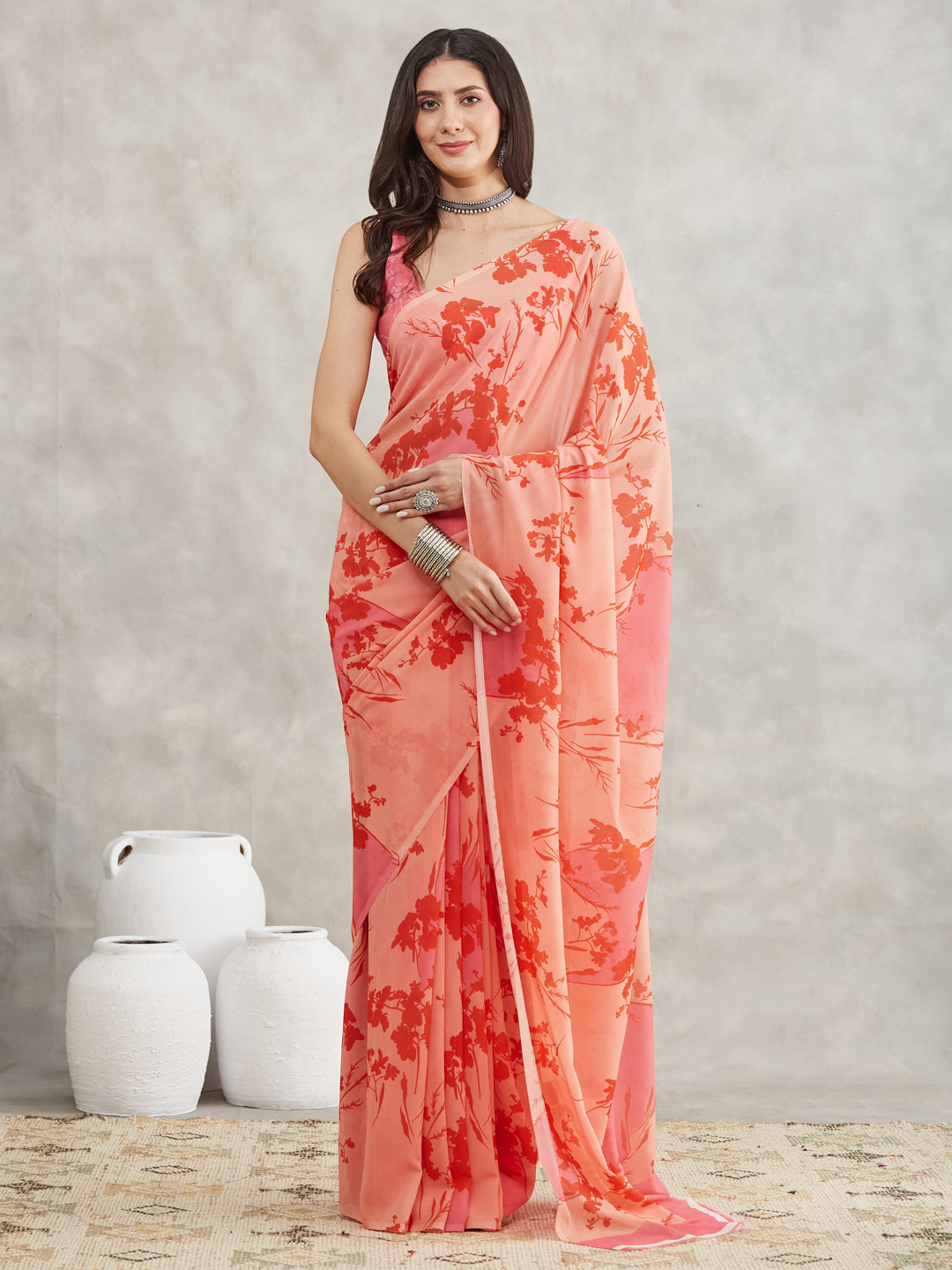 Janasya Peach Georgette Floral Printed Saree | Swadesiicart