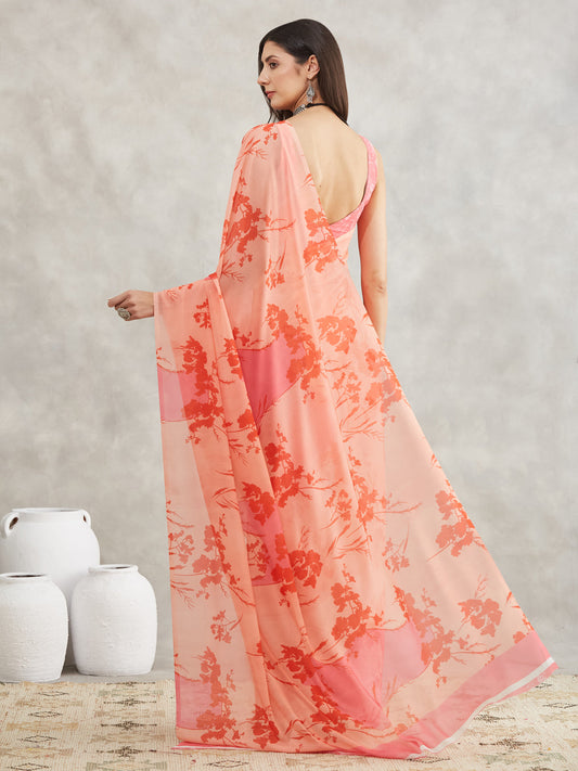 Janasya Peach Georgette Floral Printed Saree | Swadesiicart