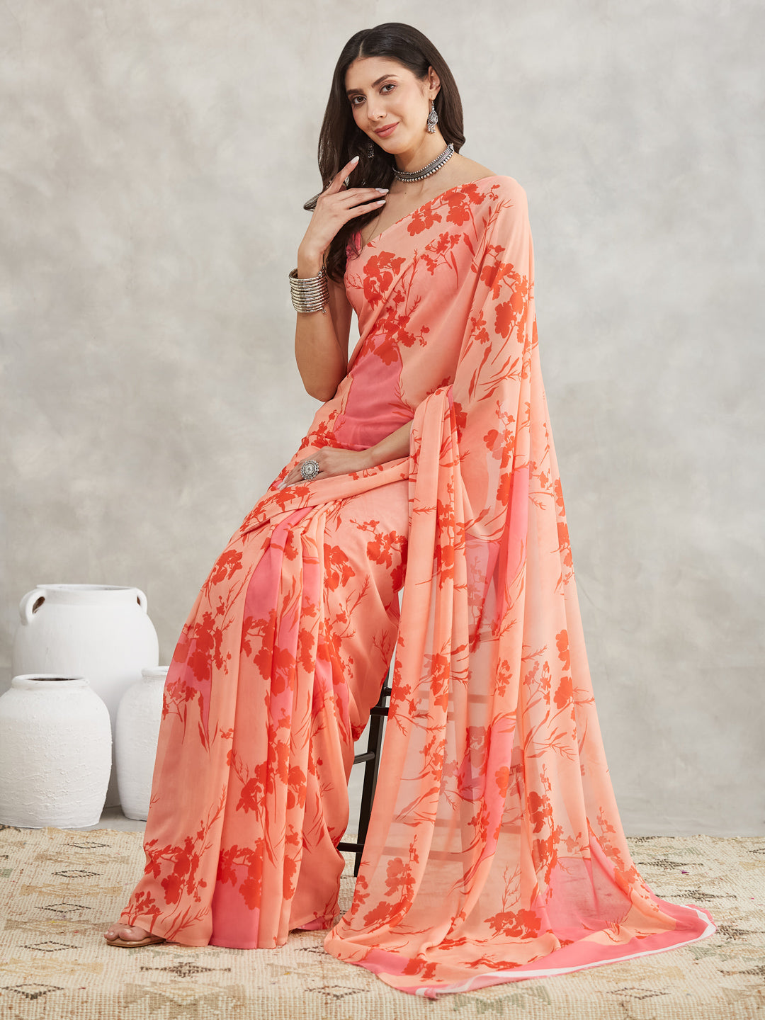 Janasya Peach Georgette Floral Printed Saree | Swadesiicart