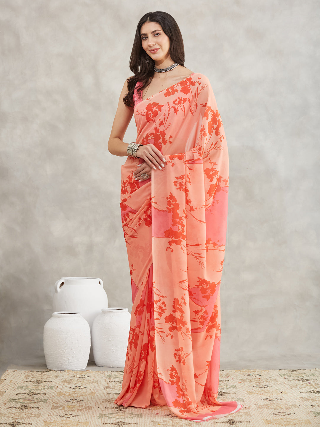 Janasya Peach Georgette Floral Printed Saree | Swadesiicart