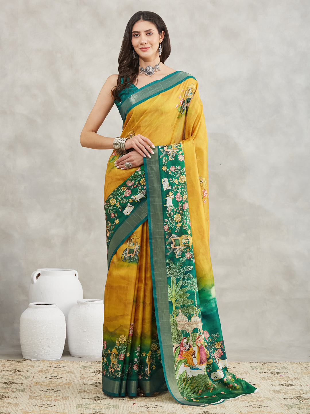 Janasya Mustard Silk Blend Ethnic Motifs Printed Saree | Swadesiicart
