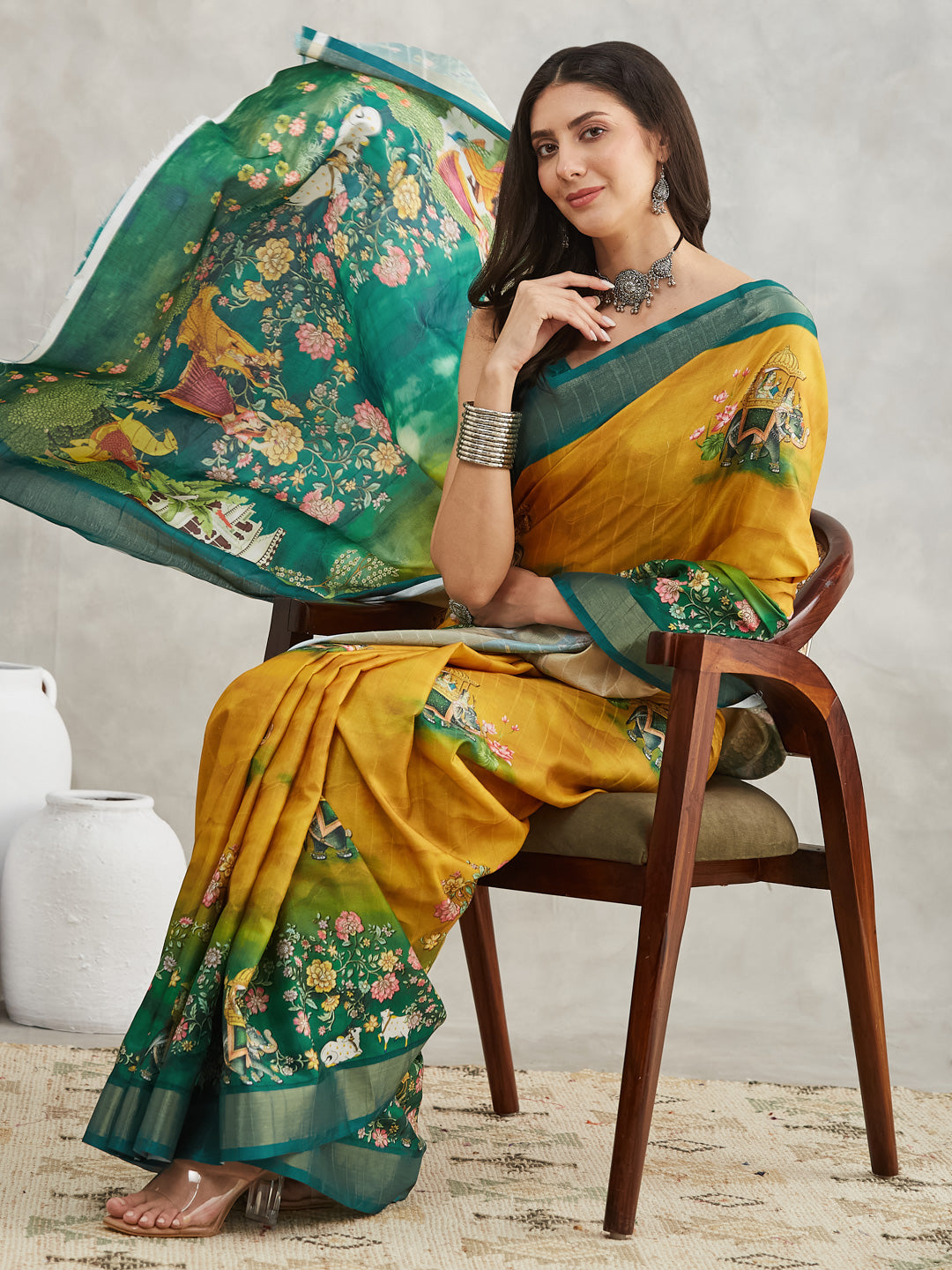 Janasya Mustard Silk Blend Ethnic Motifs Printed Saree | Swadesiicart