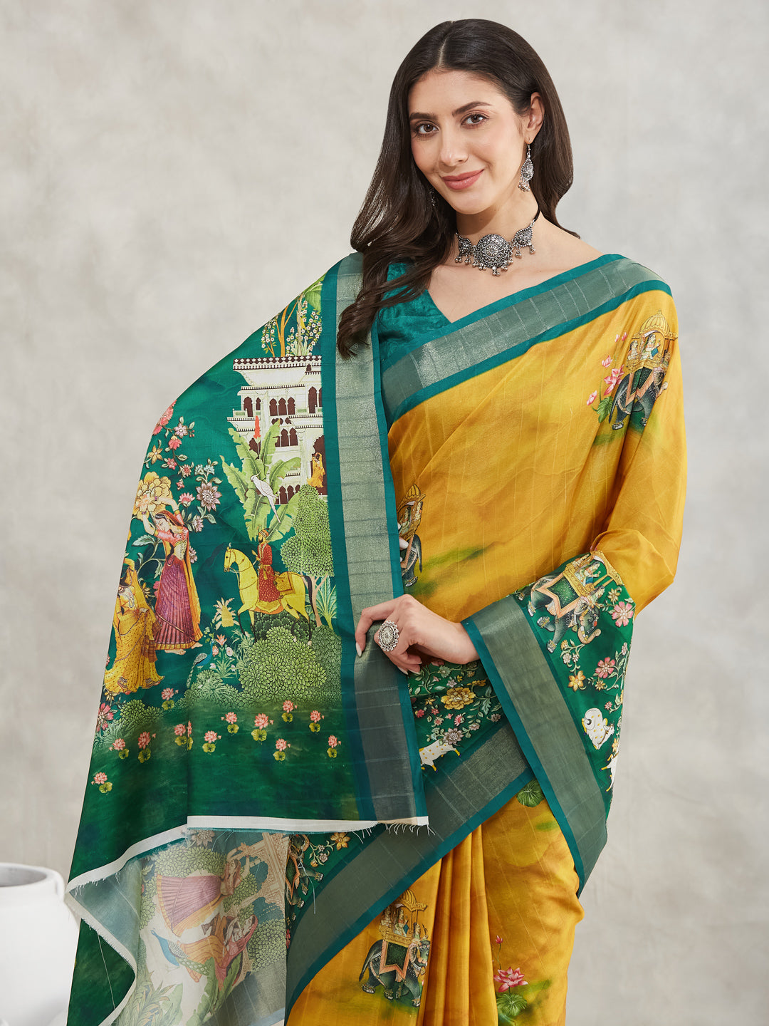 Janasya Mustard Silk Blend Ethnic Motifs Printed Saree | Swadesiicart