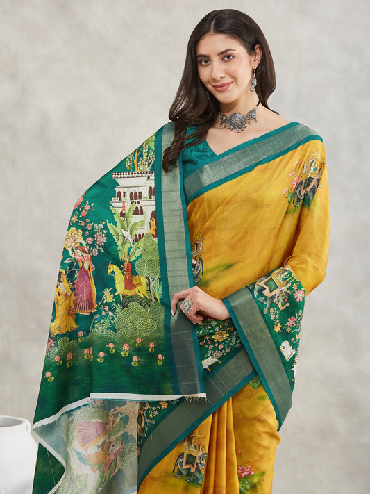 Janasya Mustard Silk Blend Ethnic Motifs Printed Saree | Swadesiicart
