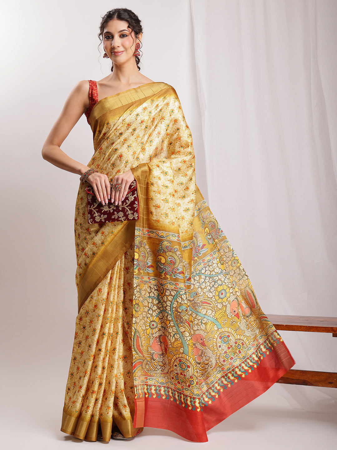 Janasya Olive Green Silk Blend Kalamkari Printed Saree | Swadesiicart