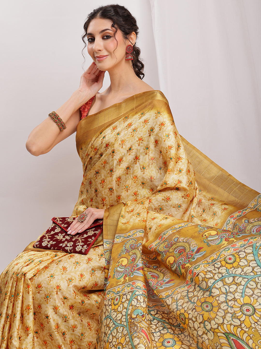 Janasya Olive Green Silk Blend Kalamkari Printed Saree | Swadesiicart