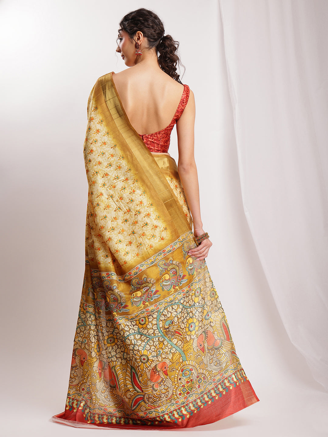 Janasya Olive Green Silk Blend Kalamkari Printed Saree | Swadesiicart