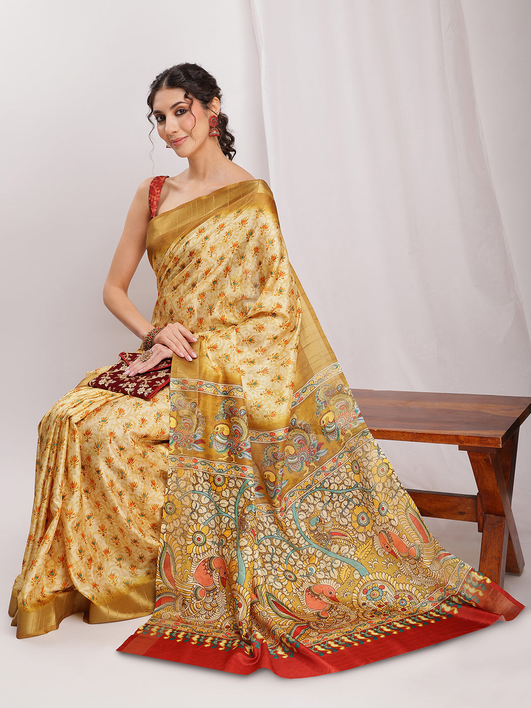 Janasya Olive Green Silk Blend Kalamkari Printed Saree | Swadesiicart