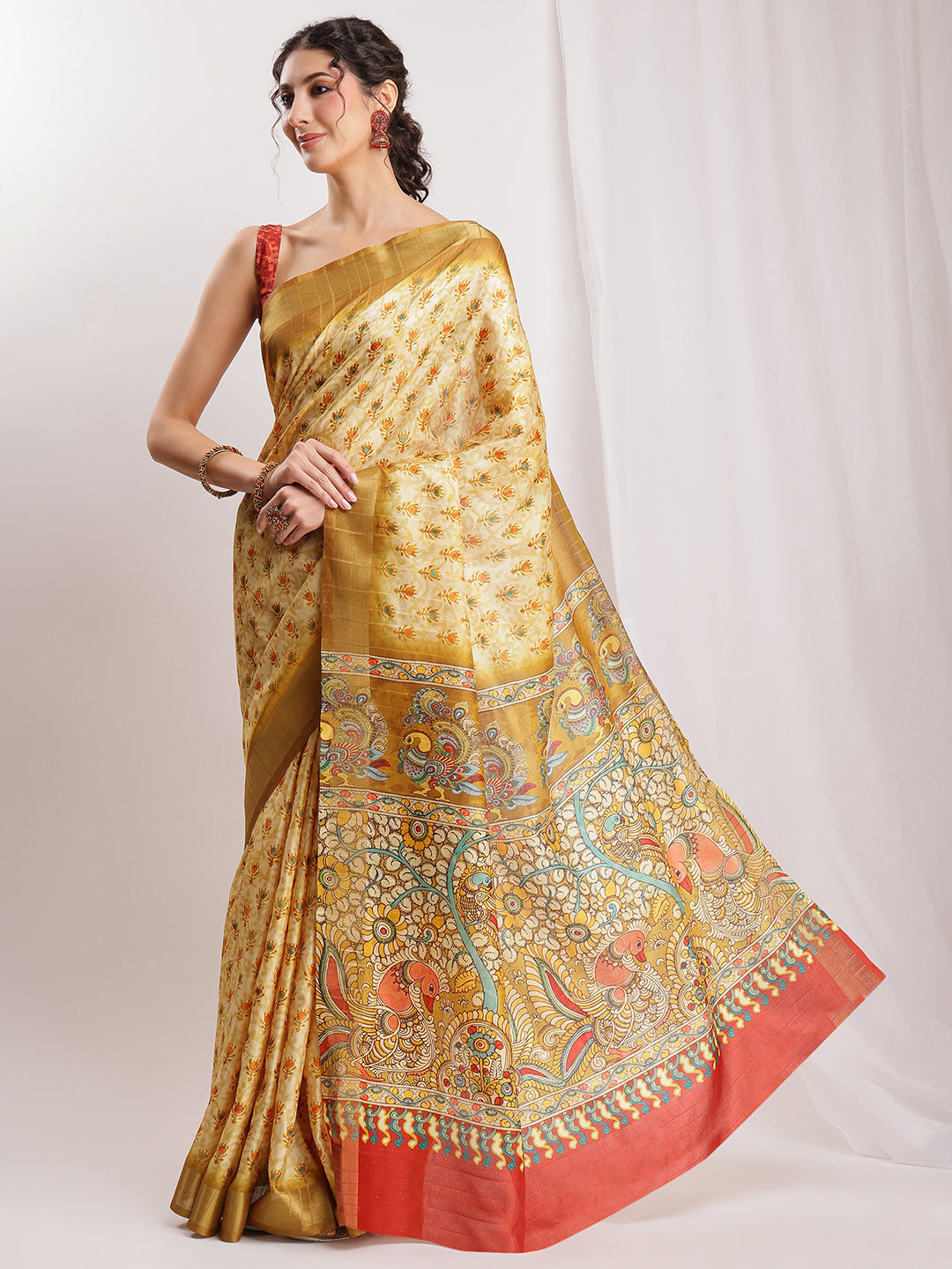 Janasya Olive Green Silk Blend Kalamkari Printed Saree | Swadesiicart