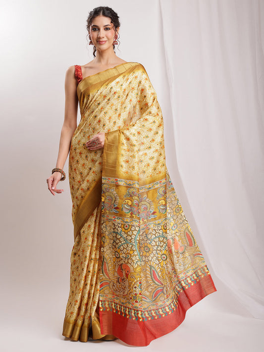 Janasya Olive Green Silk Blend Kalamkari Printed Saree | Swadesiicart