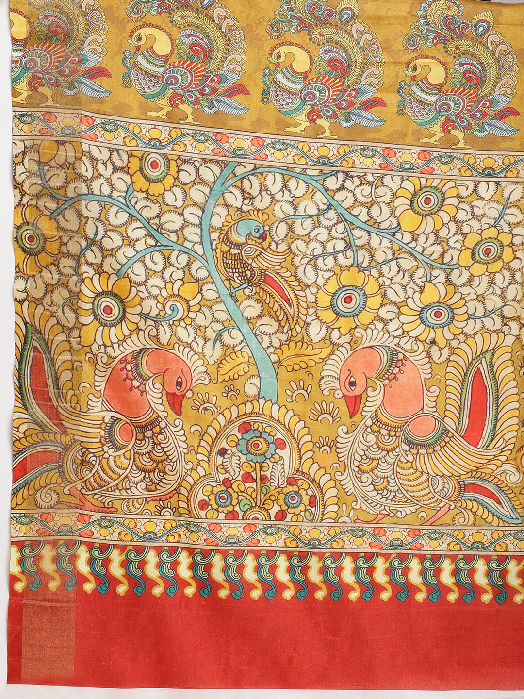 Janasya Olive Green Silk Blend Kalamkari Printed Saree | Swadesiicart