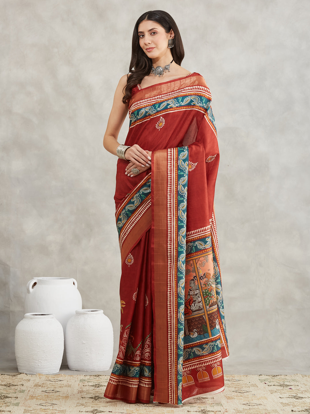 Janasya Rust Silk Blend Paisley Printed Saree | Swadesiicart