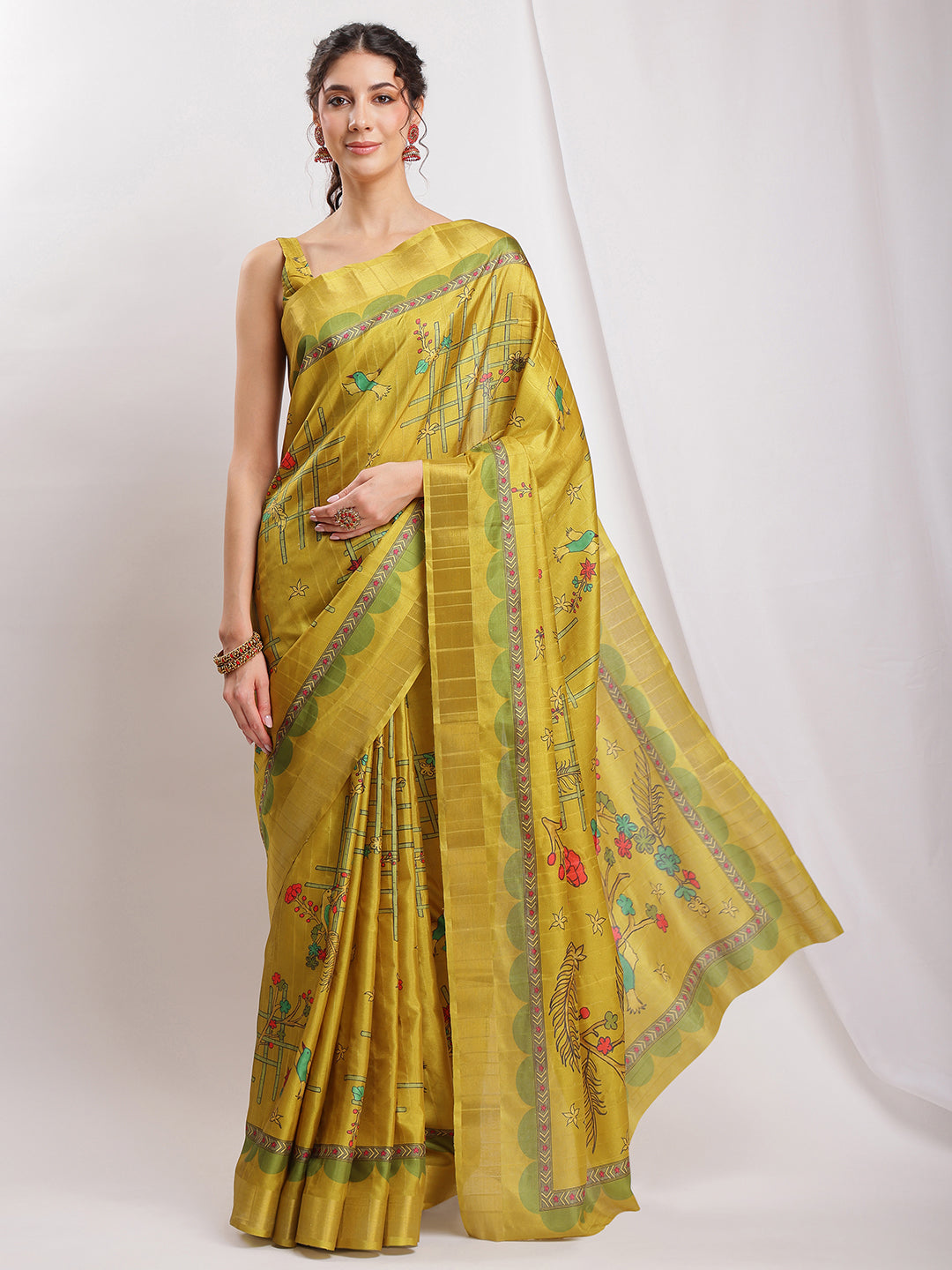 Janasya Green Silk Blend Ethnic Motifs Printed Saree | Swadesiicart