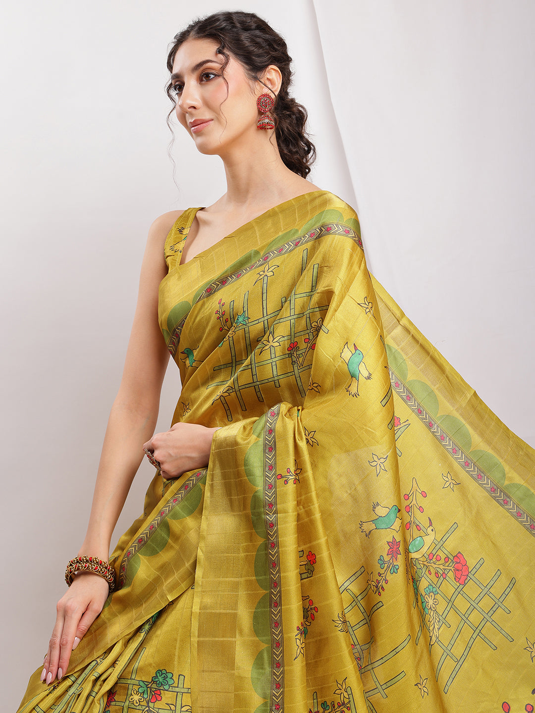 Janasya Green Silk Blend Ethnic Motifs Printed Saree | Swadesiicart