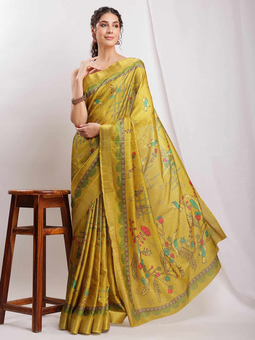 Janasya Green Silk Blend Ethnic Motifs Printed Saree | Swadesiicart