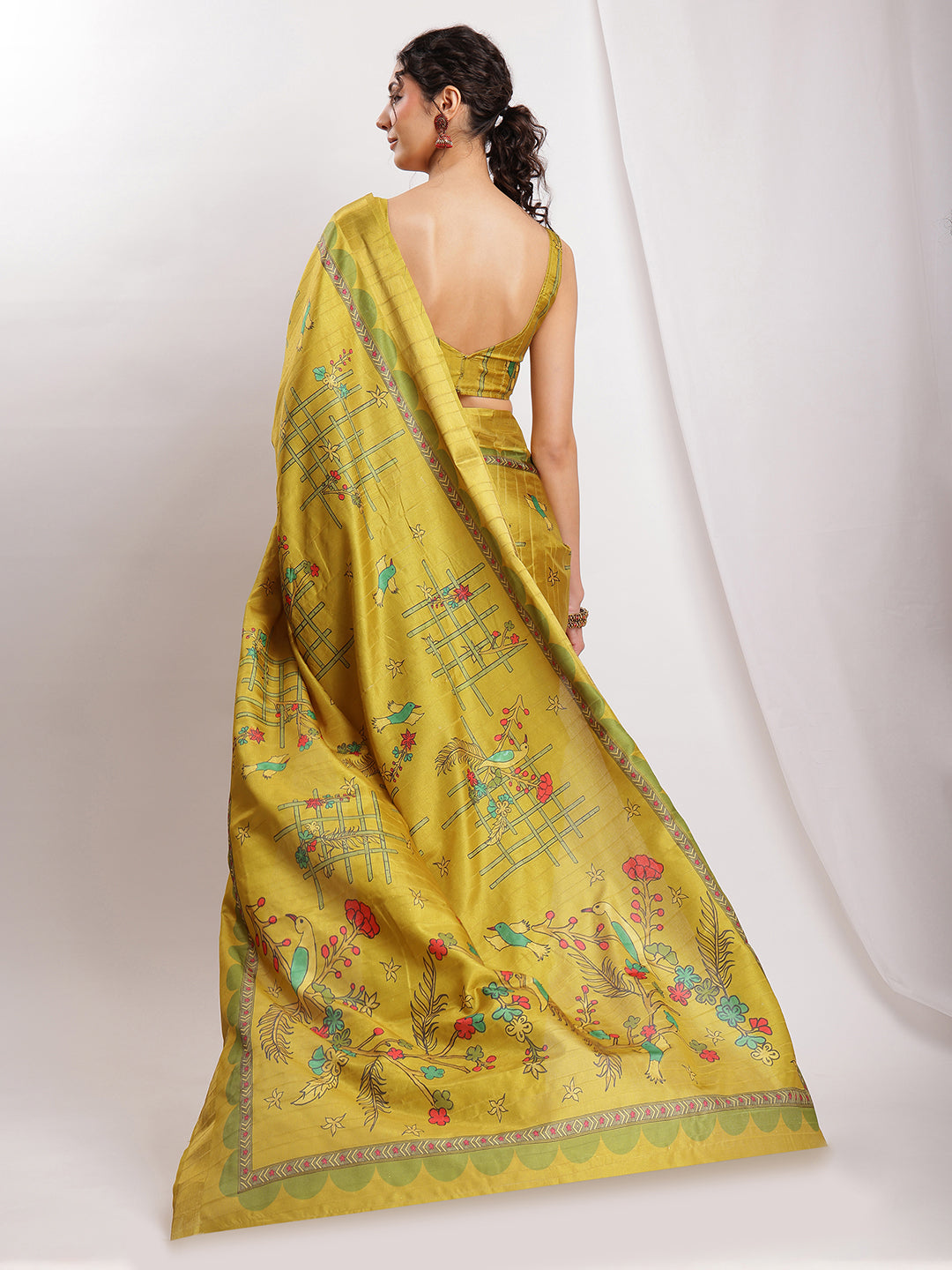 Janasya Green Silk Blend Ethnic Motifs Printed Saree | Swadesiicart