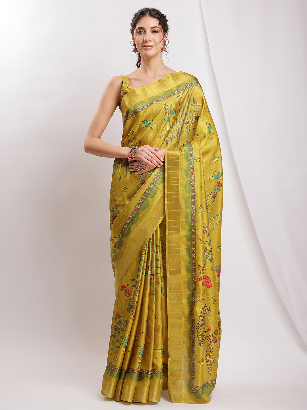 Janasya Green Silk Blend Ethnic Motifs Printed Saree | Swadesiicart