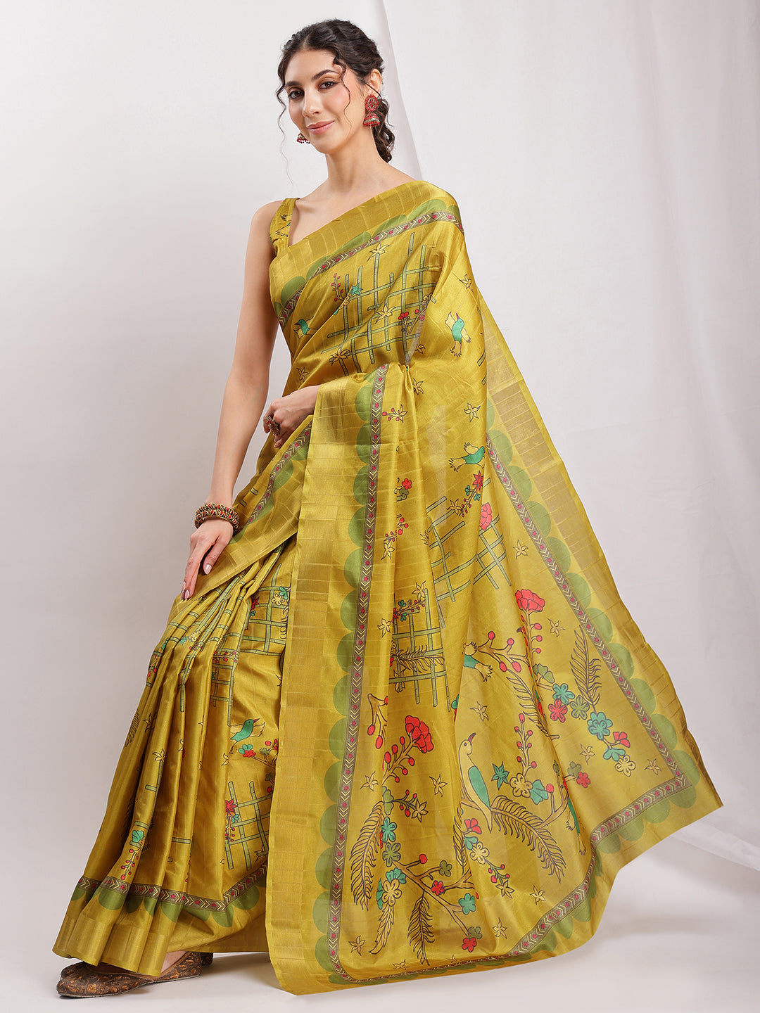 Janasya Green Silk Blend Ethnic Motifs Printed Saree | Swadesiicart