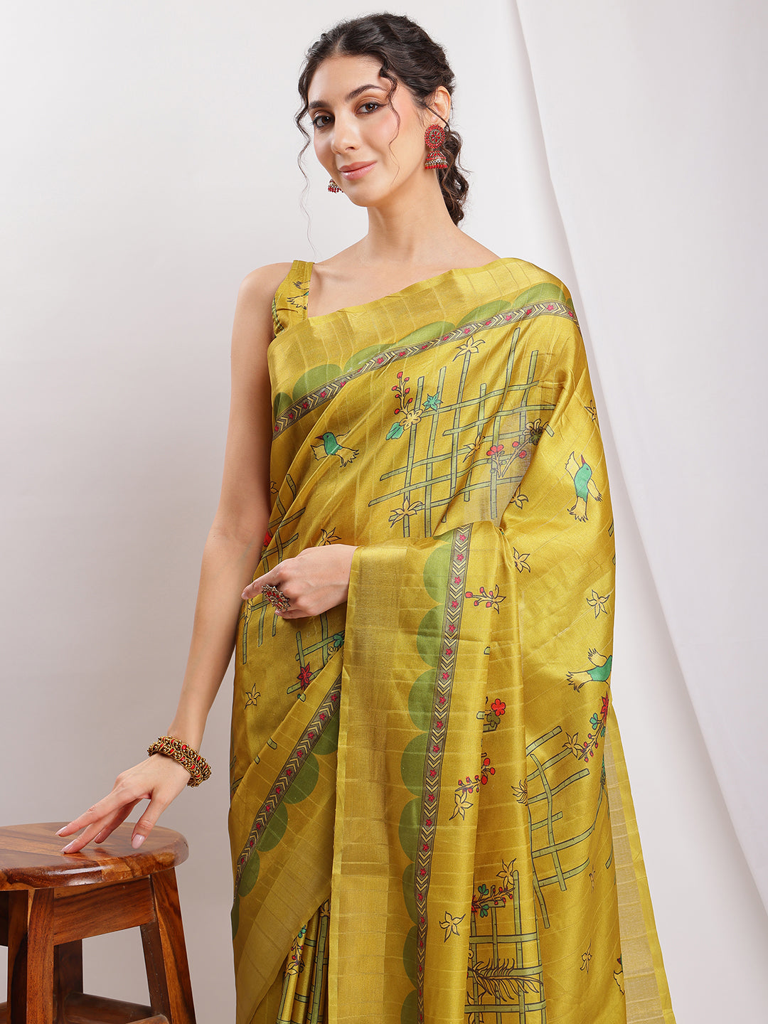 Janasya Green Silk Blend Ethnic Motifs Printed Saree | Swadesiicart
