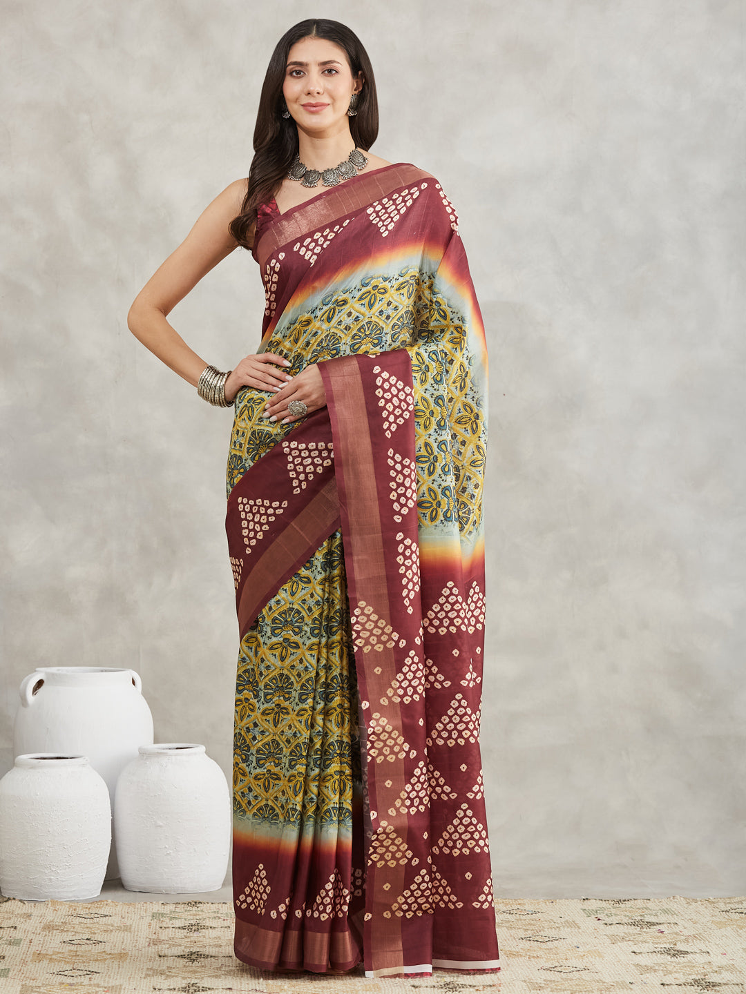Janasya Yellow Silk Blend Ethnic Motifs Printed Saree | Swadesiicart