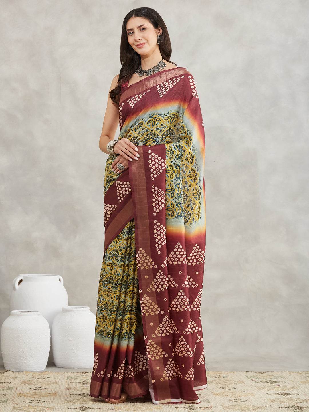 Janasya Yellow Silk Blend Ethnic Motifs Printed Saree | Swadesiicart