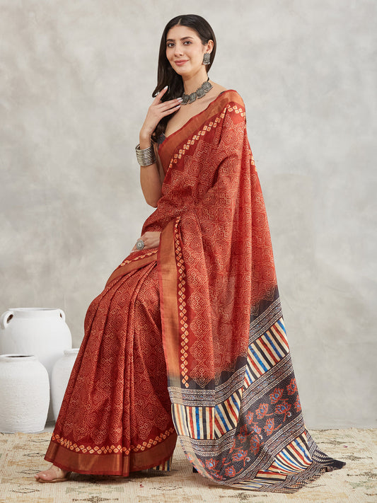 Janasya Rust Orange Silk Blend Bandhani Printed Saree | Swadesiicart