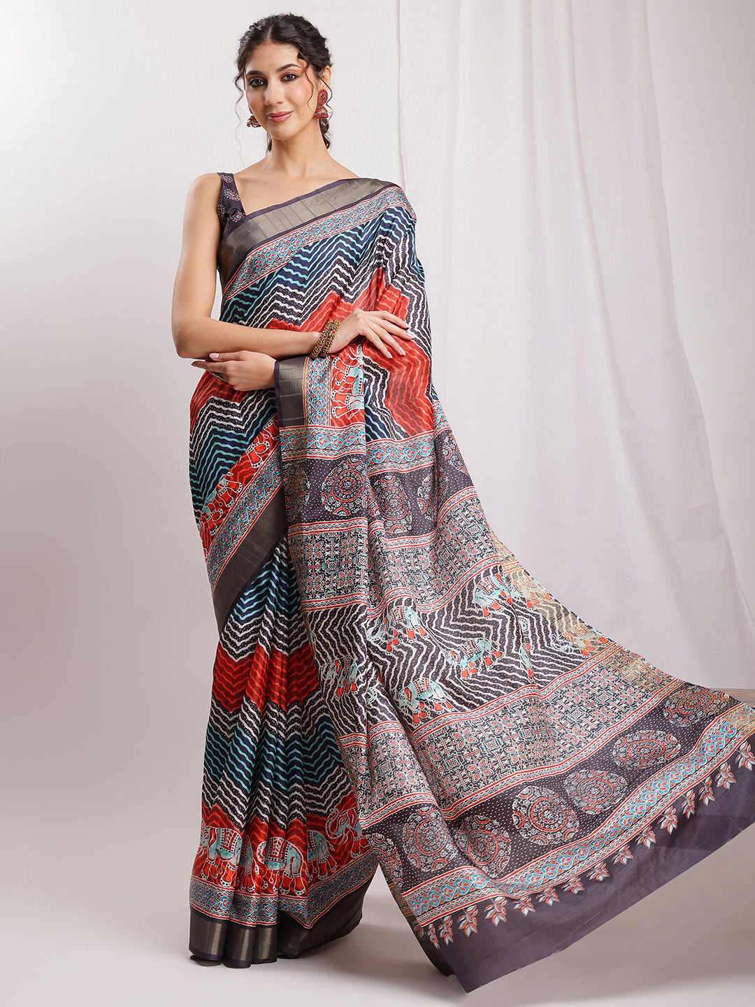Janasya Multicolor Silk Blend Chevron Printed Saree | Swadesiicart