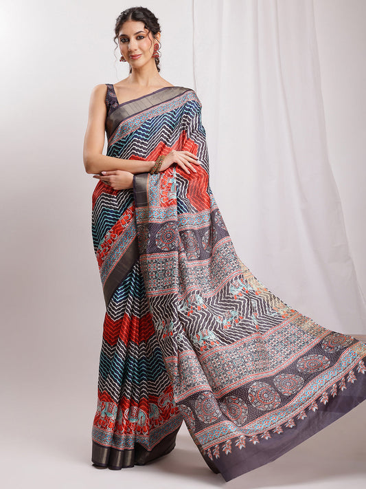Janasya Multicolor Silk Blend Chevron Printed Saree | Swadesiicart