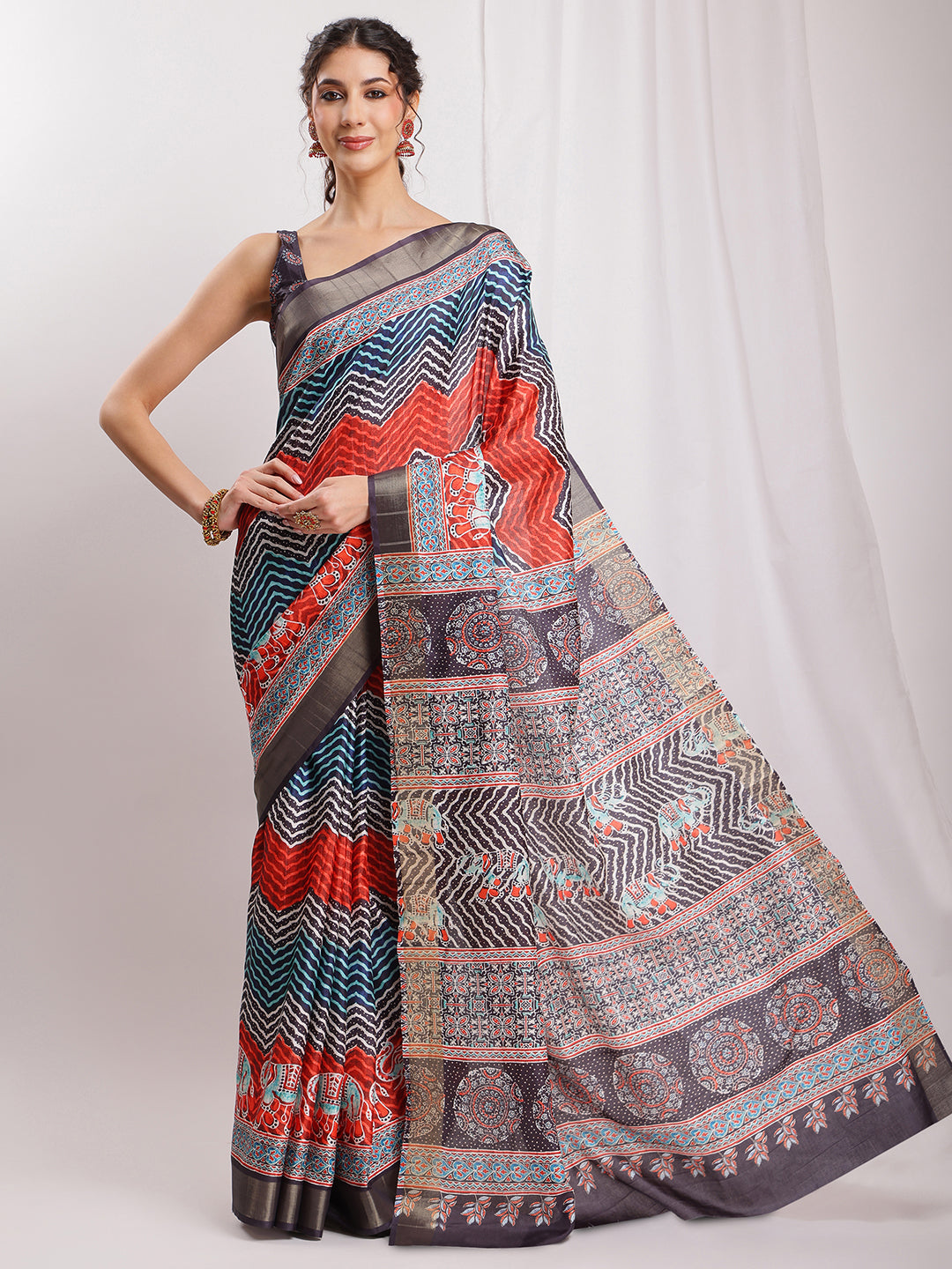 Janasya Multicolor Silk Blend Chevron Printed Saree | Swadesiicart