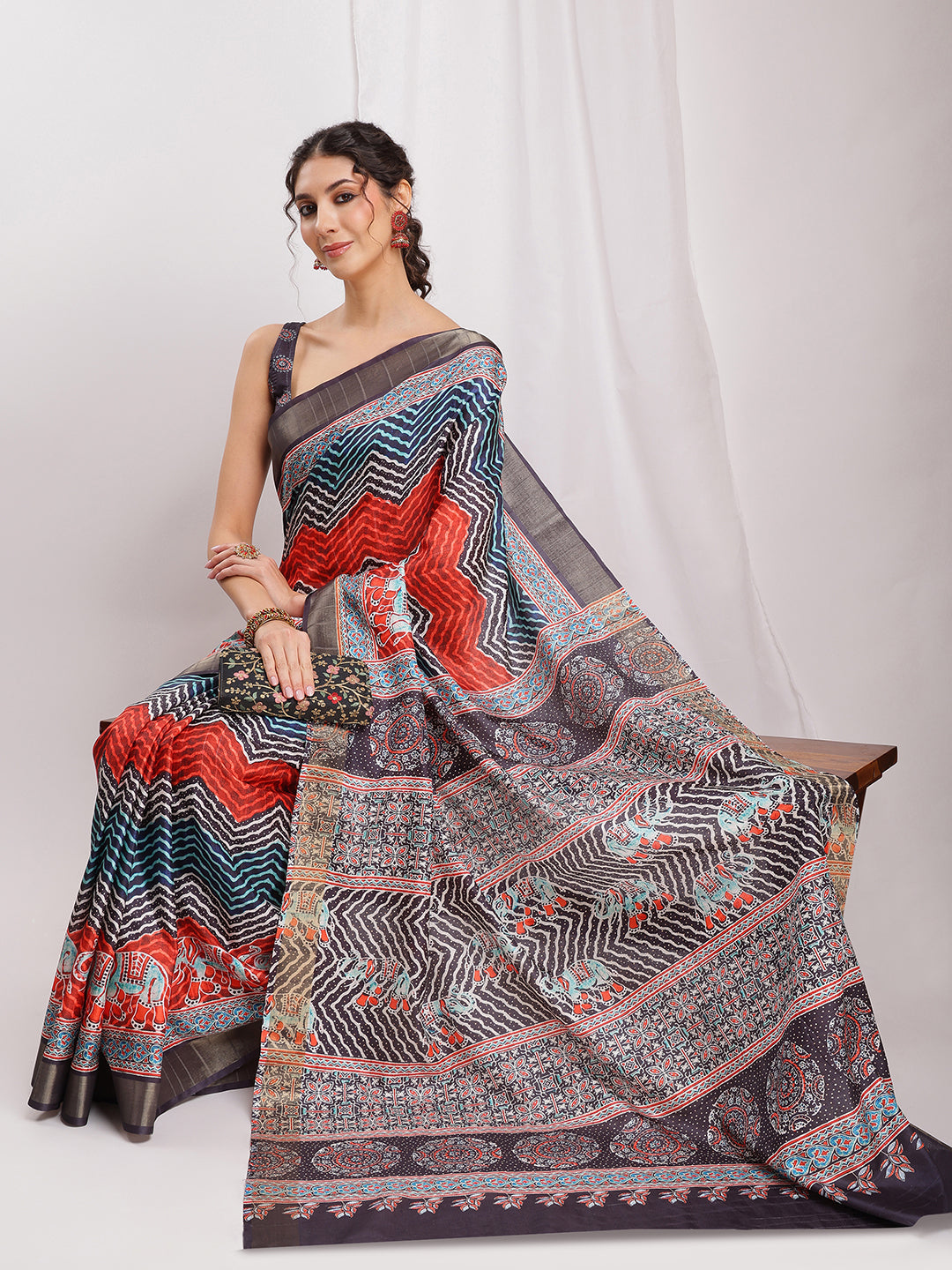 Janasya Multicolor Silk Blend Chevron Printed Saree | Swadesiicart