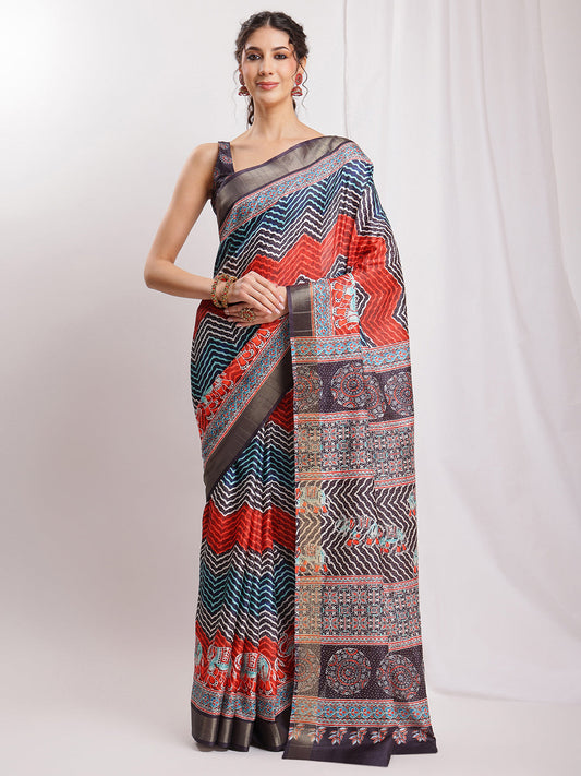Janasya Multicolor Silk Blend Chevron Printed Saree | Swadesiicart