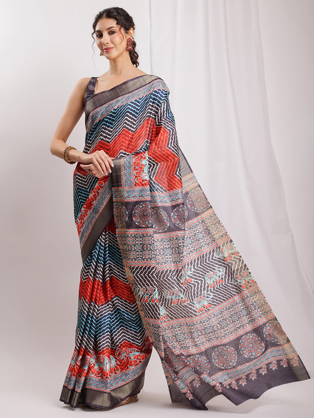 Janasya Multicolor Silk Blend Chevron Printed Saree | Swadesiicart