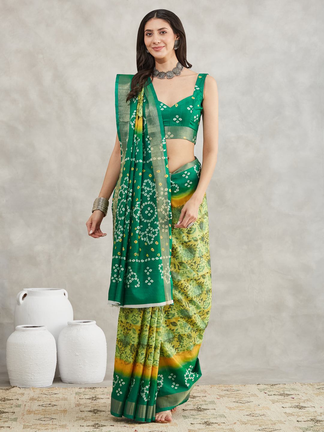 Janasya Mustard & Green Silk Blend Bandhani Printed Saree | Swadesiicart