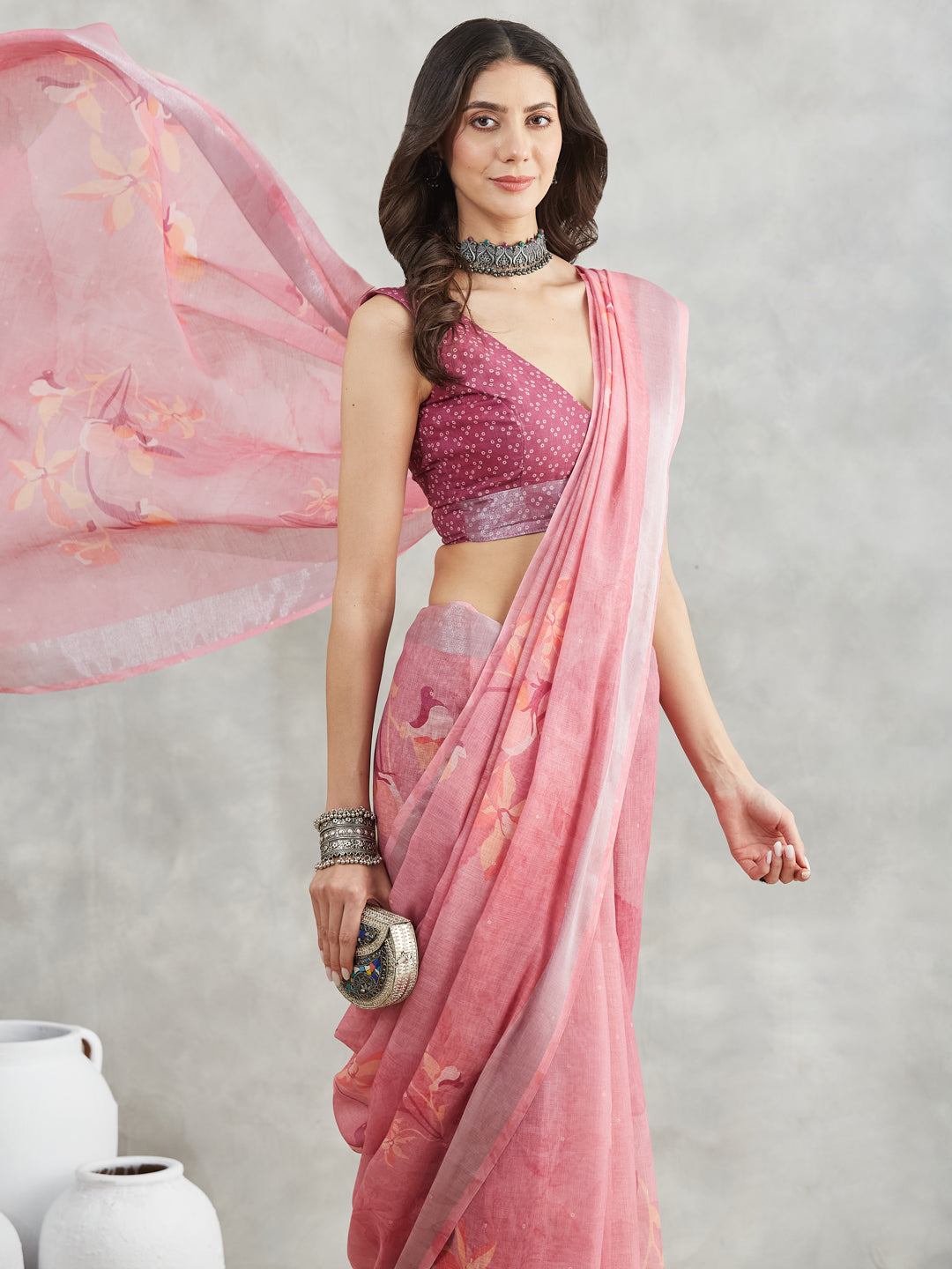 Janasya Mauve Linen Blend Floral Printed Saree | Swadesiicart