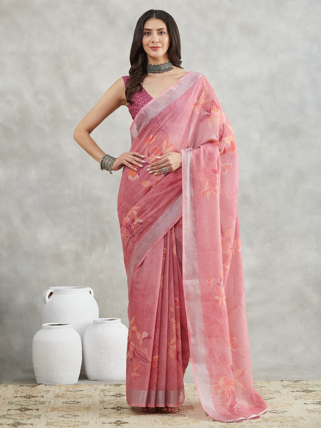 Janasya Mauve Linen Blend Floral Printed Saree | Swadesiicart