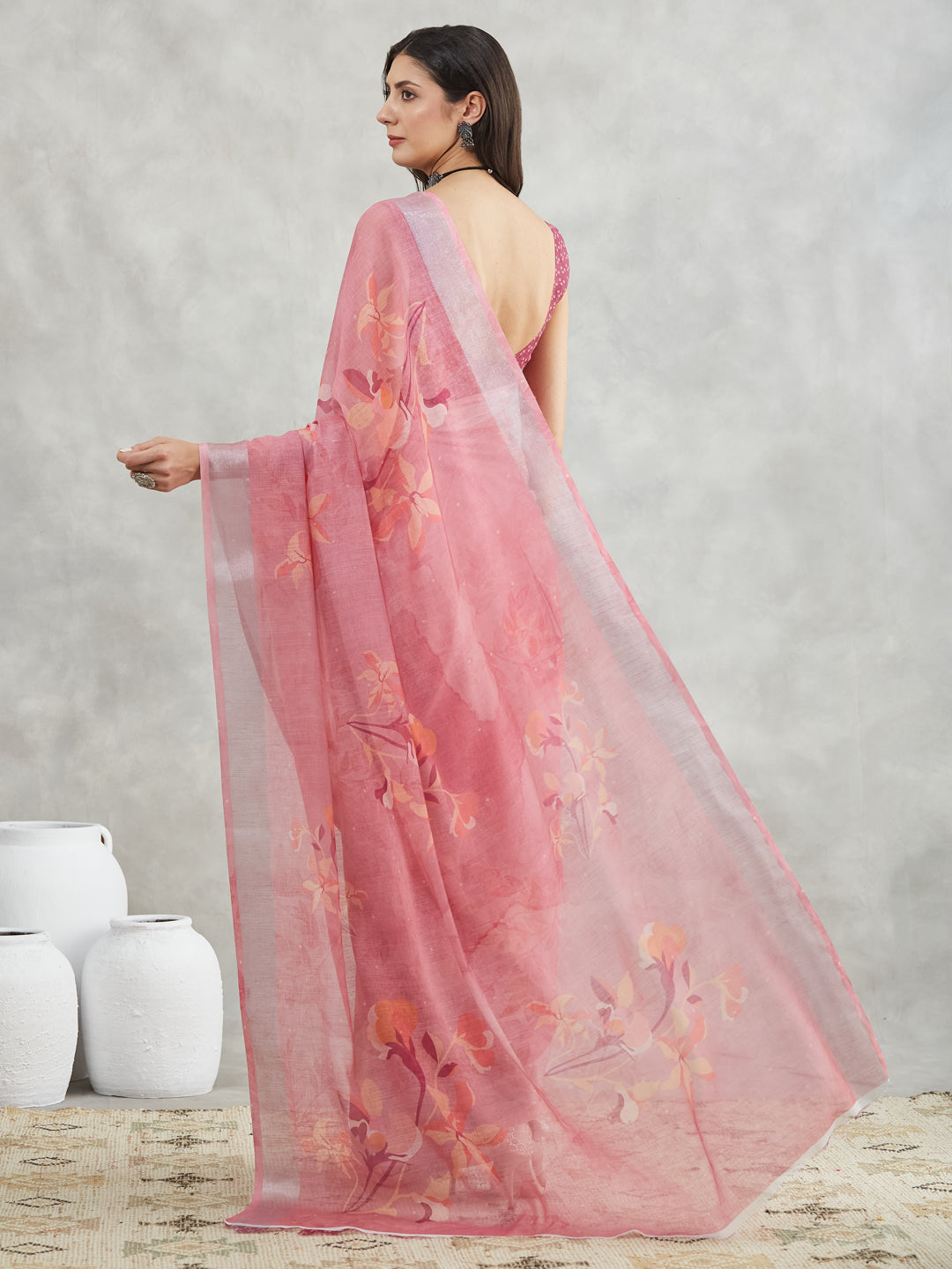Janasya Mauve Linen Blend Floral Printed Saree | Swadesiicart